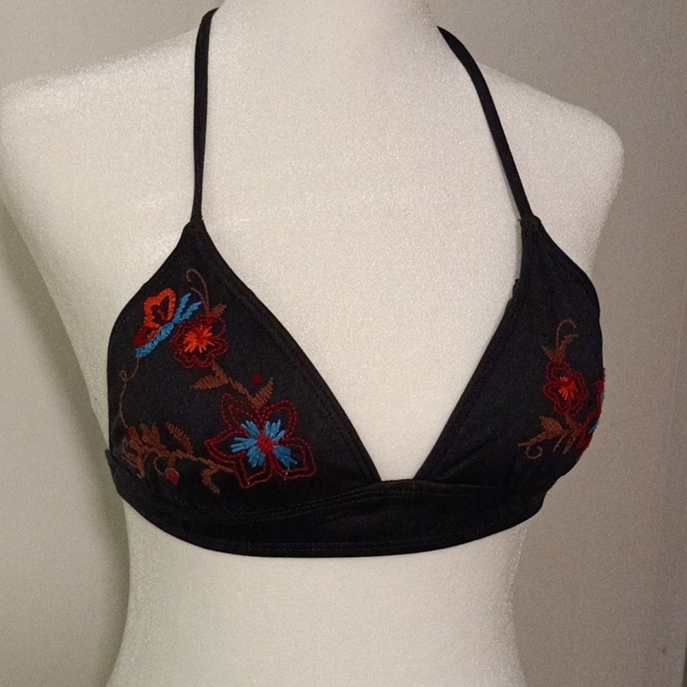 Embroidered String Bikini top, Size S, Black